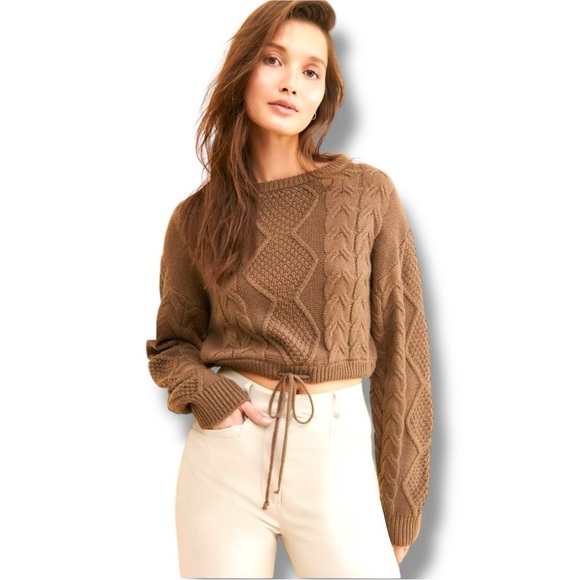 Vigoss Sweaters - Vigoss Brown Cable Knit Front Tie Long Sleeve Cropped Crew Neck Sweater